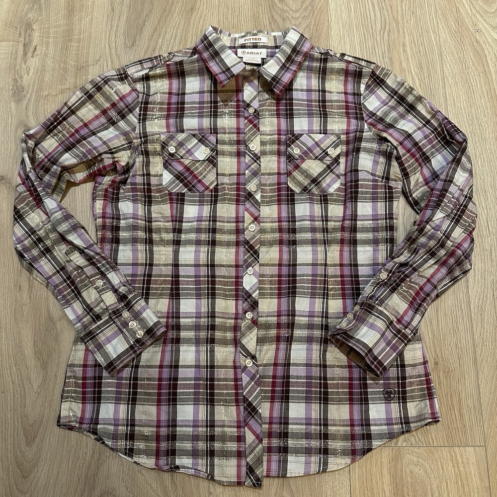 Ariat Button-Up Women's Sz L Purple Plaid Fitted Embroidered Glitter Collared
